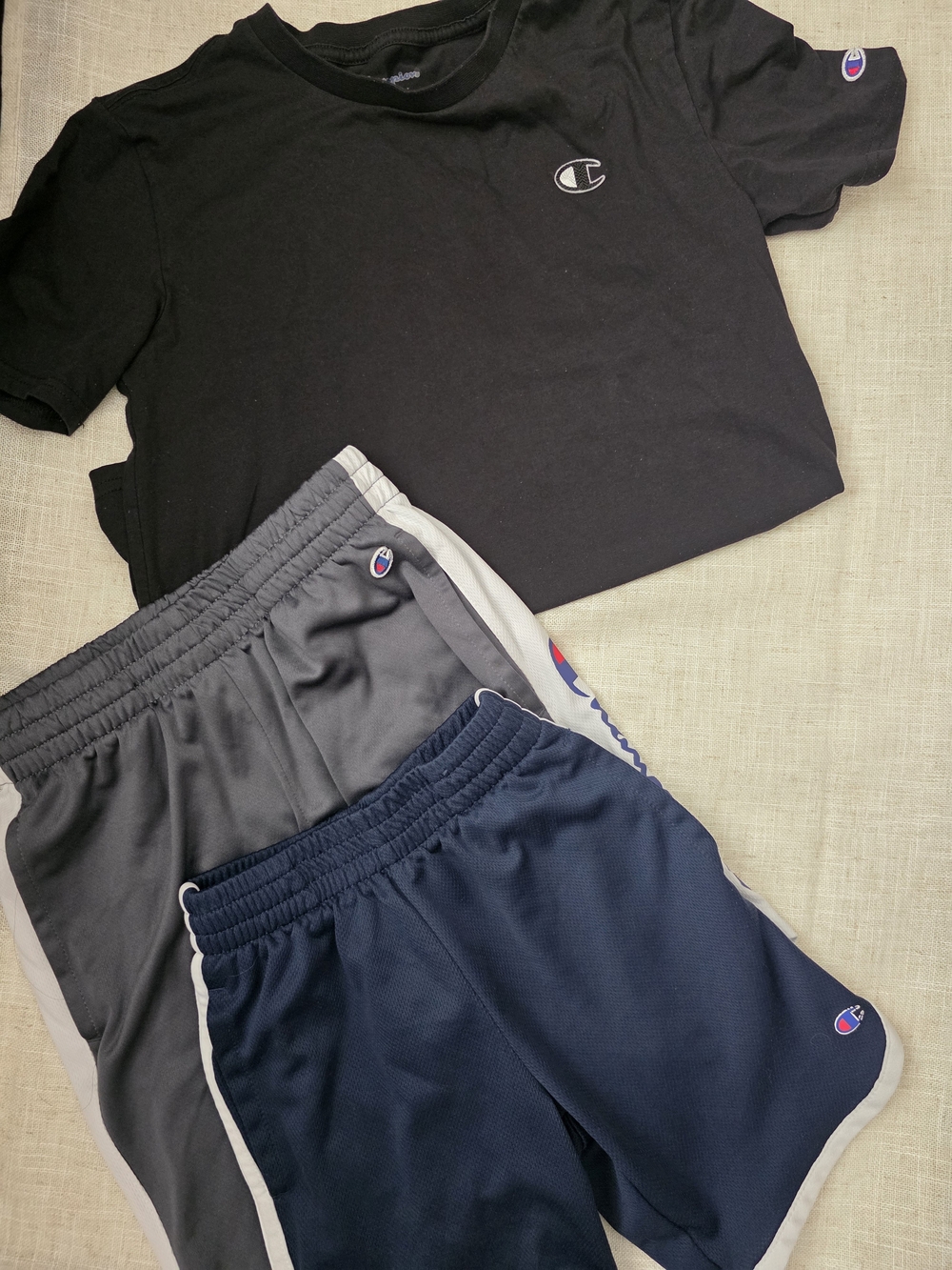 BUNDLE Champion Black Tee + Navy & Gray Athletic Set Different Sizes Sm Med